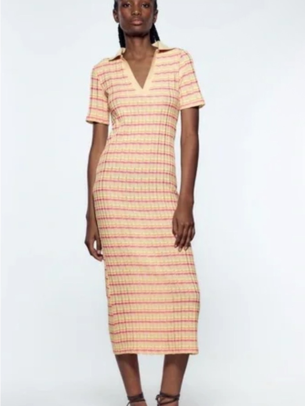 Zara Ribbed Knit Striped Midi Dress Polo Collar Yellow Pink Size Small